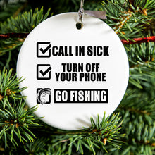 DistinctInk® Hanging Ceramic Christmas Tree Ornament with Gold String - Great Gift / Present - 2 3/4 inch Diameter - Call in Sick, Turn Off Phone, Go Fishing