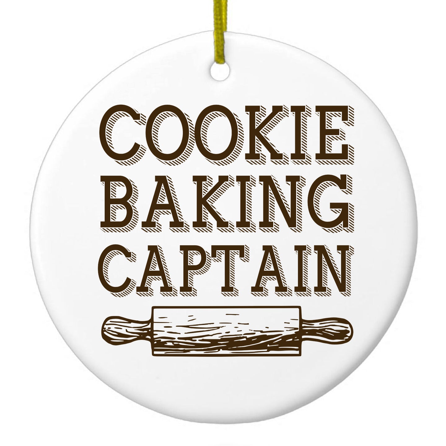 DistinctInk® Hanging Ceramic Christmas Tree Ornament with Gold String - Great Gift / Present - 2 3/4 inch Diameter - Cookie Baking Captain Rolling Pin