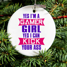 DistinctInk® Hanging Ceramic Christmas Tree Ornament with Gold String - Great Gift / Present - 2 3/4 inch Diameter - Yes I'm a Gamer Girl I Can Kick you’re a$$