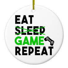 DistinctInk® Hanging Ceramic Christmas Tree Ornament with Gold String - Great Gift / Present - 2 3/4 inch Diameter - Eat Game Repeat - Video Games Gamer