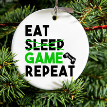 DistinctInk® Hanging Ceramic Christmas Tree Ornament with Gold String - Great Gift / Present - 2 3/4 inch Diameter - Eat Game Repeat - Video Games Gamer