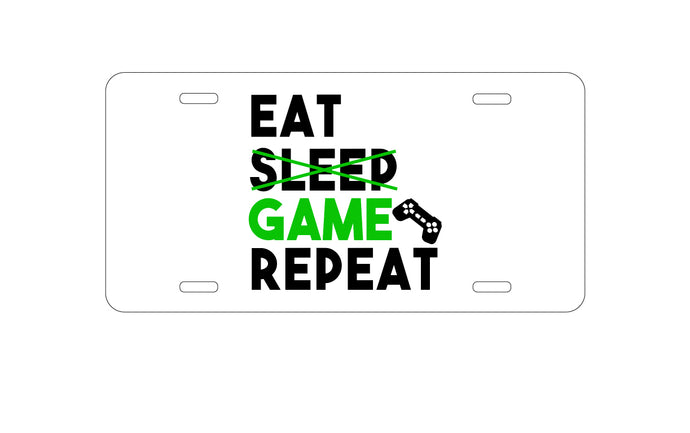 DistinctInk Custom Aluminum Decorative Vanity Front License Plate - Eat Game Repeat - Video Games Gamer