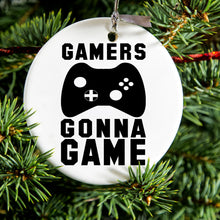DistinctInk® Hanging Ceramic Christmas Tree Ornament with Gold String - Great Gift / Present - 2 3/4 inch Diameter - Gamers Gonna Game - Video Games