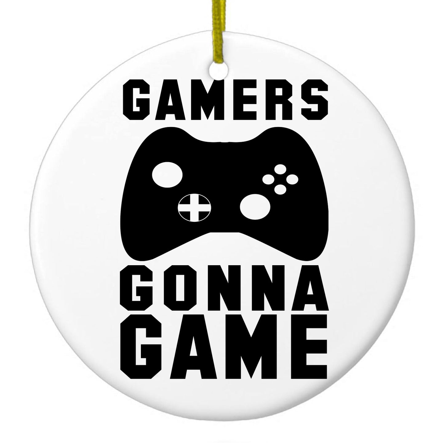 DistinctInk® Hanging Ceramic Christmas Tree Ornament with Gold String - Great Gift / Present - 2 3/4 inch Diameter - Gamers Gonna Game - Video Games