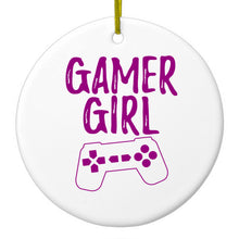 DistinctInk® Hanging Ceramic Christmas Tree Ornament with Gold String - Great Gift / Present - 2 3/4 inch Diameter - Gamer Girl - Video Games