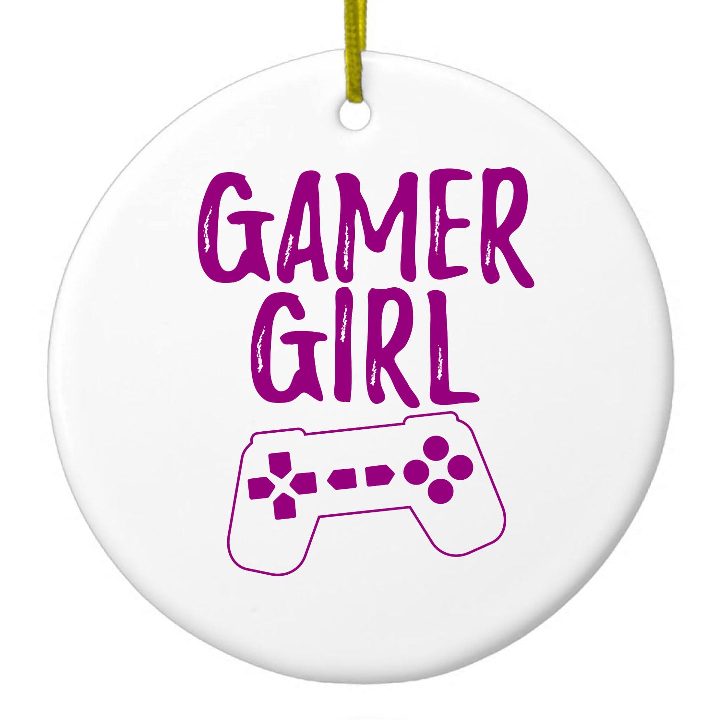 DistinctInk® Hanging Ceramic Christmas Tree Ornament with Gold String - Great Gift / Present - 2 3/4 inch Diameter - Gamer Girl - Video Games