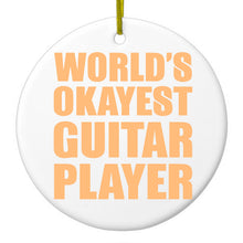 DistinctInk® Hanging Ceramic Christmas Tree Ornament with Gold String - Great Gift / Present - 2 3/4 inch Diameter - World's Okayest Guitar Player