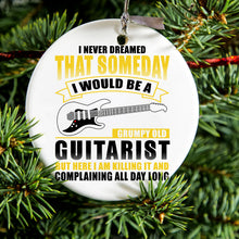 DistinctInk® Hanging Ceramic Christmas Tree Ornament with Gold String - Great Gift / Present - 2 3/4 inch Diameter - Never Dreamed I'd Be Grumpy Old Guitarist