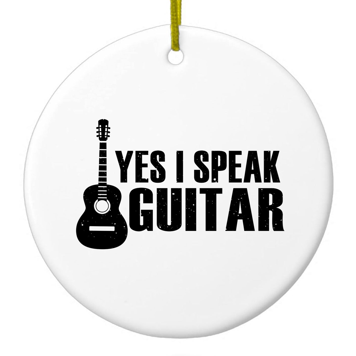 DistinctInk® Hanging Ceramic Christmas Tree Ornament with Gold String - Great Gift / Present - 2 3/4 inch Diameter - Yes I Speak Guitar