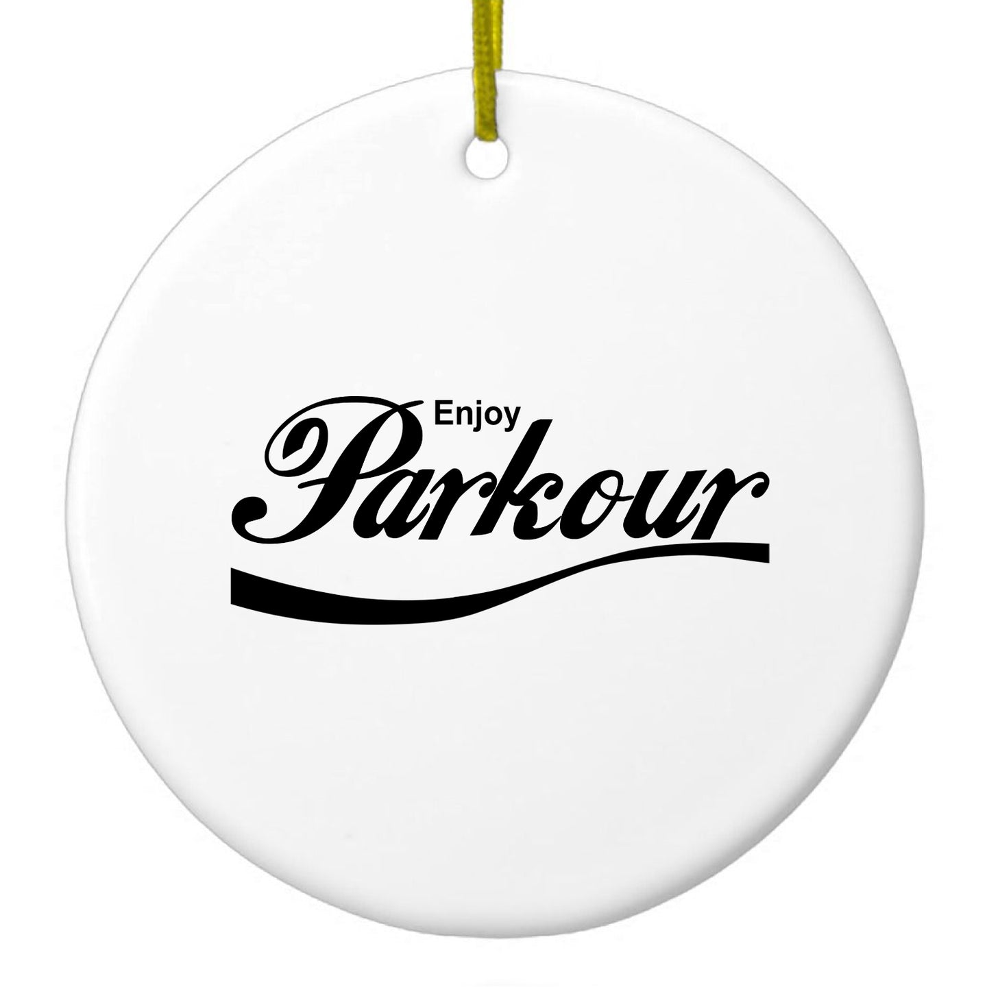 DistinctInk® Hanging Ceramic Christmas Tree Ornament with Gold String - Great Gift / Present - 2 3/4 inch Diameter - Enjoy Parkour