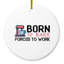 DistinctInk® Hanging Ceramic Christmas Tree Ornament with Gold String - Great Gift / Present - 2 3/4 inch Diameter - Born to Bake Forced to Work