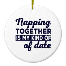 DistinctInk® Hanging Ceramic Christmas Tree Ornament with Gold String - Great Gift / Present - 2 3/4 inch Diameter - Napping Together is My Kind of Date