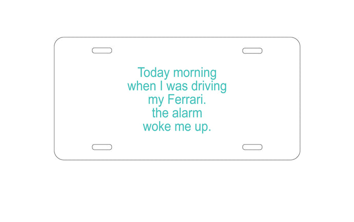 DistinctInk Custom Aluminum Decorative Vanity Front License Plate - When Driving My Ferrari, Alarm Woke Me