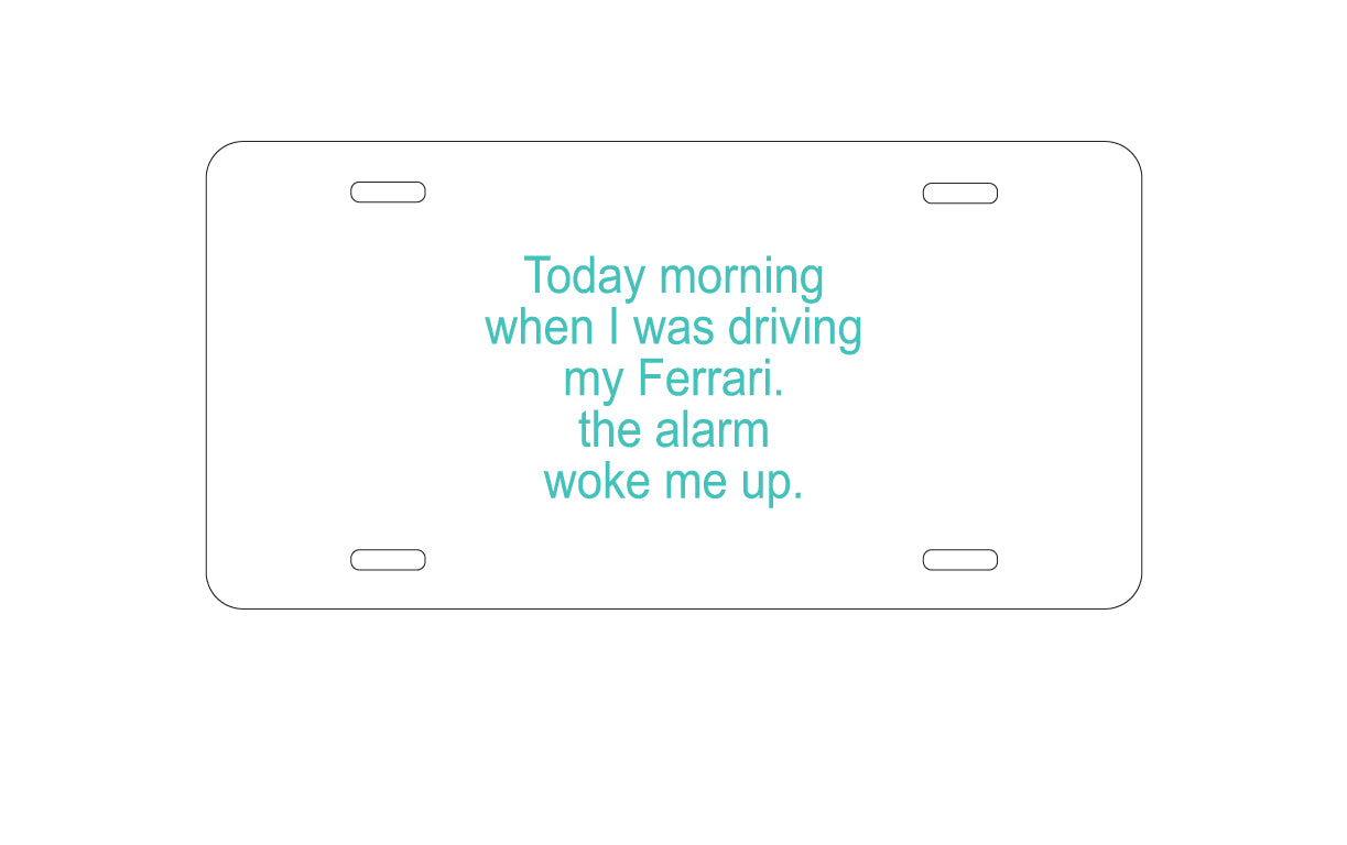 DistinctInk Custom Aluminum Decorative Vanity Front License Plate - When Driving My Ferrari, Alarm Woke Me