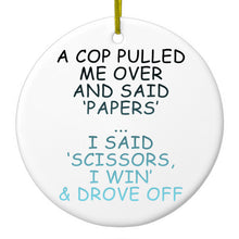 DistinctInk® Hanging Ceramic Christmas Tree Ornament with Gold String - Great Gift / Present - 2 3/4 inch Diameter - Cop Pulled Over, Rock Paper Scissors
