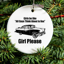 DistinctInk® Hanging Ceramic Christmas Tree Ornament with Gold String - Great Gift / Present - 2 3/4 inch Diameter - All Guys Think About is Sex - Cars!