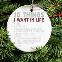 DistinctInk® Hanging Ceramic Christmas Tree Ornament with Gold String - Great Gift / Present - 2 3/4 inch Diameter - Things I Want In Life - Cars, Money, Woman