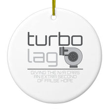 DistinctInk® Hanging Ceramic Christmas Tree Ornament with Gold String - Great Gift / Present - 2 3/4 inch Diameter - Turbo Lag - Giving N/A Cars False Hope