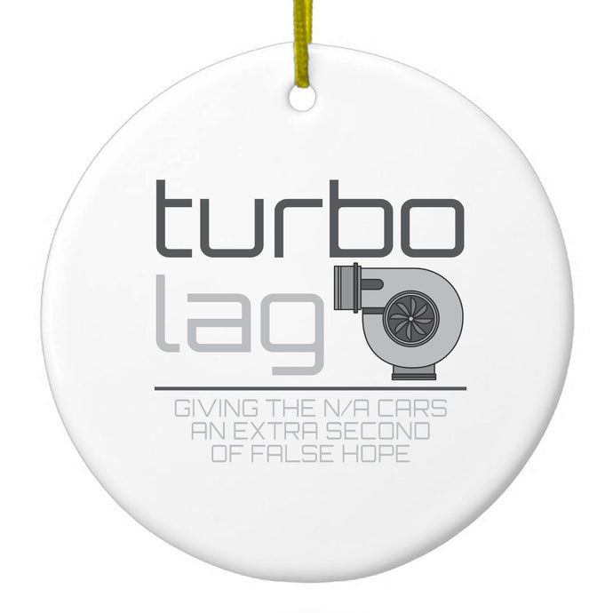 DistinctInk® Hanging Ceramic Christmas Tree Ornament with Gold String - Great Gift / Present - 2 3/4 inch Diameter - Turbo Lag - Giving N/A Cars False Hope