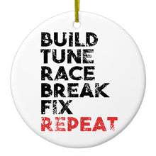 DistinctInk® Hanging Ceramic Christmas Tree Ornament with Gold String - Great Gift / Present - 2 3/4 inch Diameter - Build Tune Race Break Fix Repeat