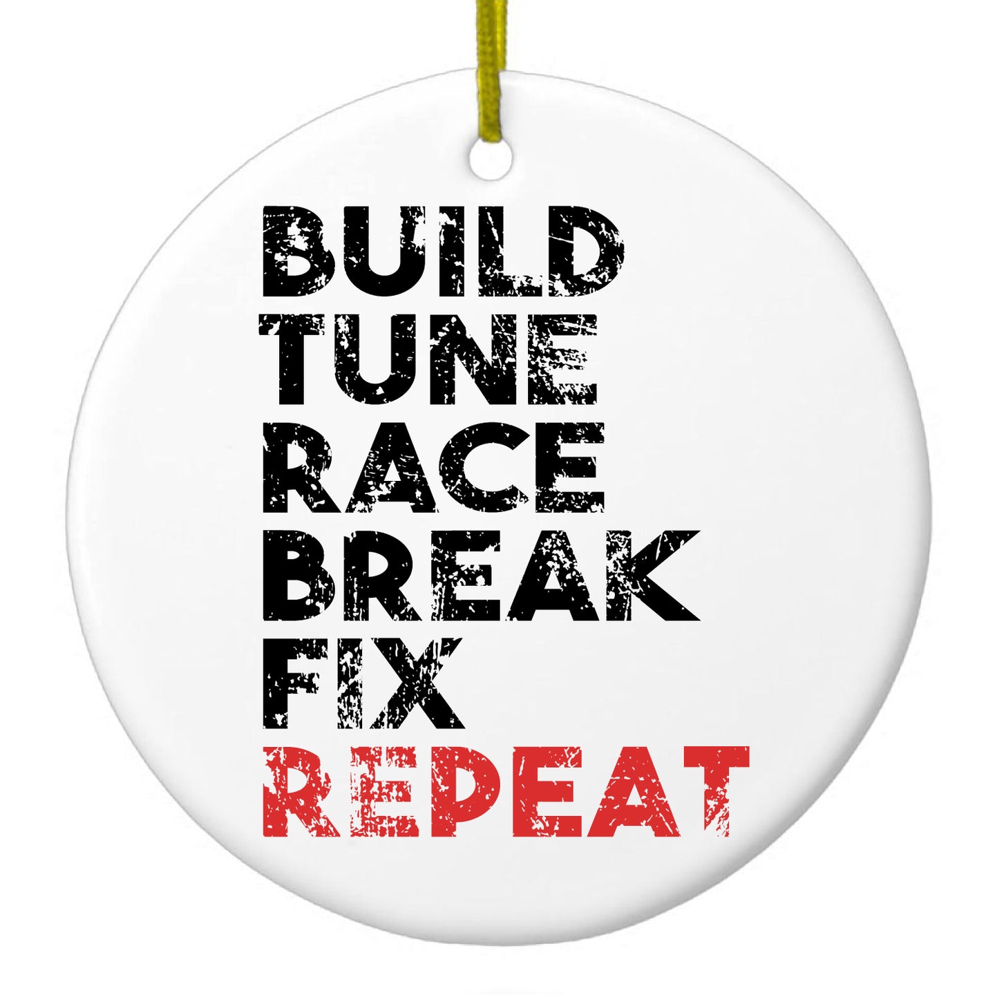 DistinctInk® Hanging Ceramic Christmas Tree Ornament with Gold String - Great Gift / Present - 2 3/4 inch Diameter - Build Tune Race Break Fix Repeat