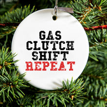 DistinctInk® Hanging Ceramic Christmas Tree Ornament with Gold String - Great Gift / Present - 2 3/4 inch Diameter - Gas Clutch Shift Repeat