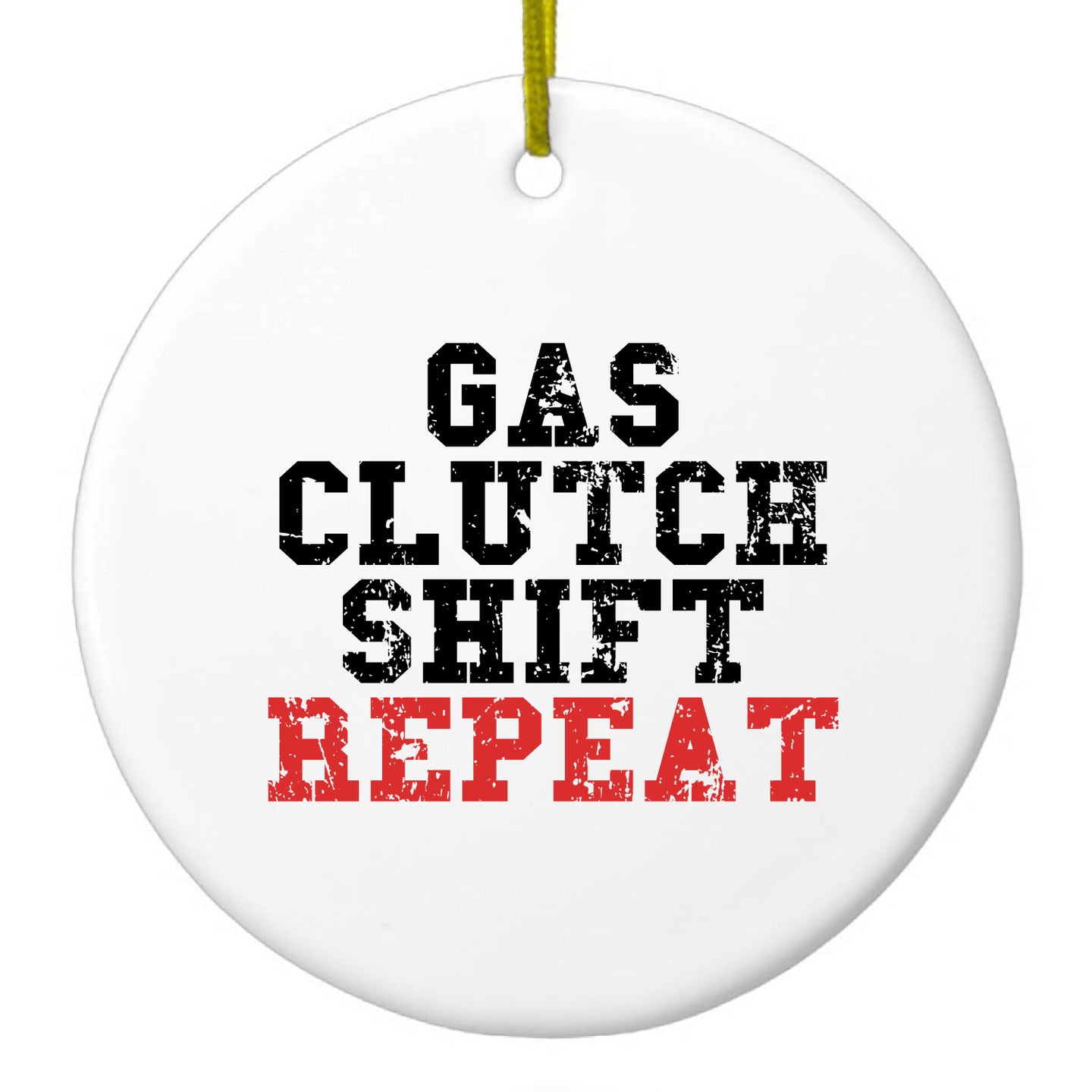 DistinctInk® Hanging Ceramic Christmas Tree Ornament with Gold String - Great Gift / Present - 2 3/4 inch Diameter - Gas Clutch Shift Repeat