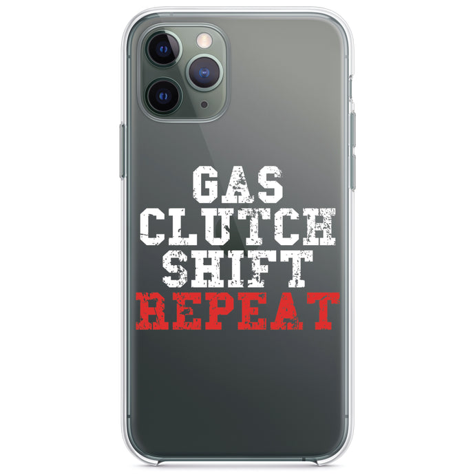 DistinctInk® Clear Shockproof Hybrid Case for Apple iPhone / Samsung Galaxy / Google Pixel - Gas Clutch Shift Repeat