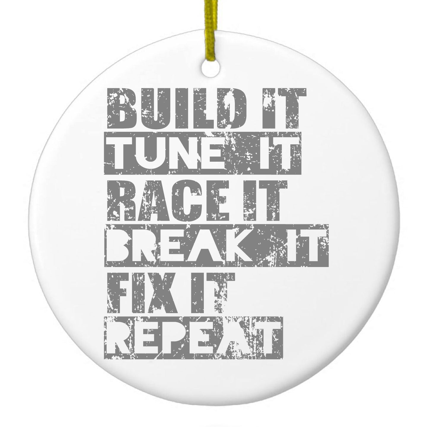 DistinctInk® Hanging Ceramic Christmas Tree Ornament with Gold String - Great Gift / Present - 2 3/4 inch Diameter - Build It Tune Race Break Fix Repeat