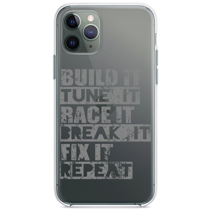 DistinctInk® Clear Shockproof Hybrid Case for Apple iPhone / Samsung Galaxy / Google Pixel - Build It Tune Race Break Fix Repeat