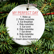 DistinctInk® Hanging Ceramic Christmas Tree Ornament with Gold String - Great Gift / Present - 2 3/4 inch Diameter - My Perfect Day - Motorbike Motorcycle
