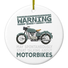 DistinctInk® Hanging Ceramic Christmas Tree Ornament with Gold String - Great Gift / Present - 2 3/4 inch Diameter - Spontaneously Talking About Motorcycles