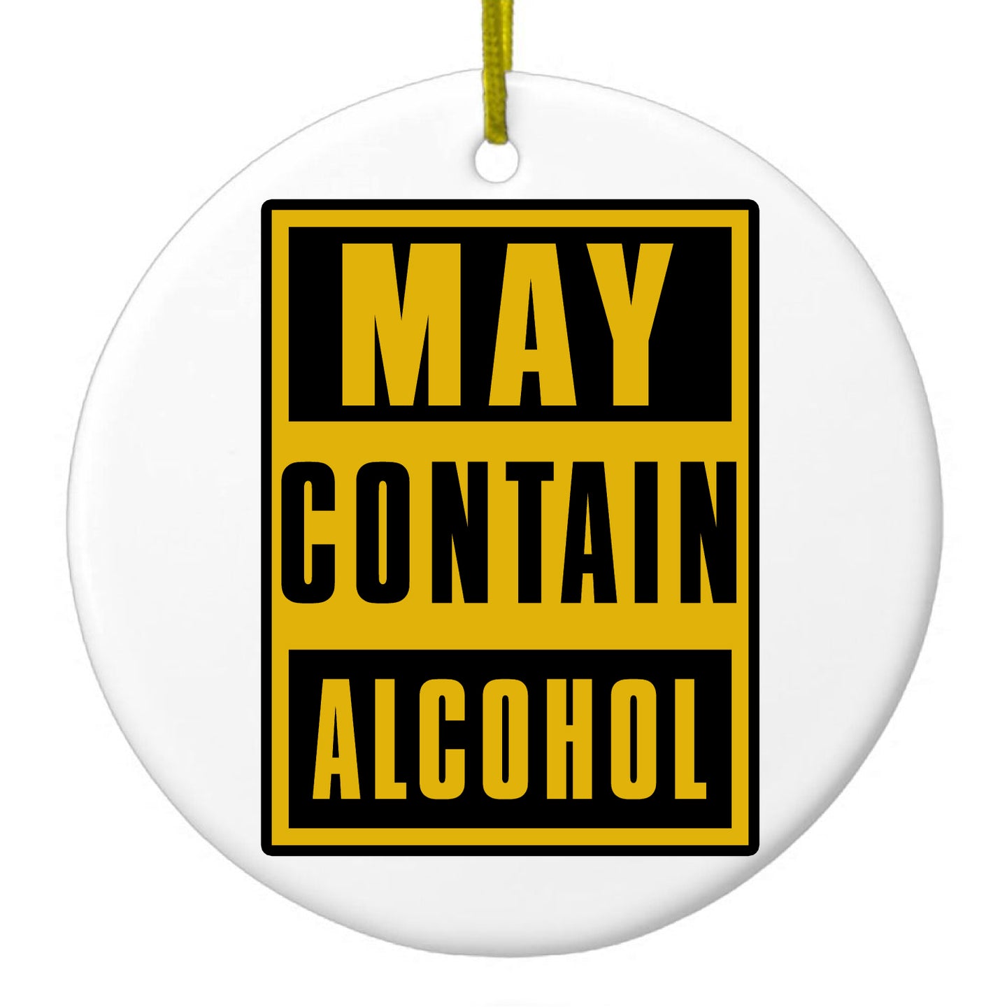 DistinctInk® Hanging Ceramic Christmas Tree Ornament with Gold String - Great Gift / Present - 2 3/4 inch Diameter - May Contain Alcohol Warning Sign