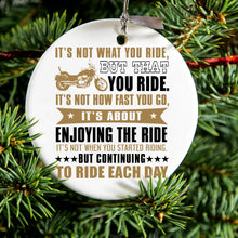 DistinctInk® Hanging Ceramic Christmas Tree Ornament with Gold String - Great Gift / Present - 2 3/4 inch Diameter - Not What Your Ride, That You Ride Motorcycle
