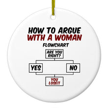 DistinctInk® Hanging Ceramic Christmas Tree Ornament with Gold String - Great Gift / Present - 2 3/4 inch Diameter - How To Argue With a Woman Flowchart