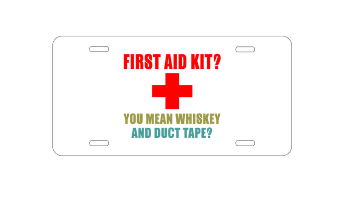 DistinctInk Custom Aluminum Decorative Vanity Front License Plate - First Aid Kit - Whiskey & Duct Tape