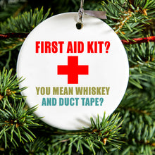 DistinctInk® Hanging Ceramic Christmas Tree Ornament with Gold String - Great Gift / Present - 2 3/4 inch Diameter - First Aid Kit - Whiskey & Duct Tape