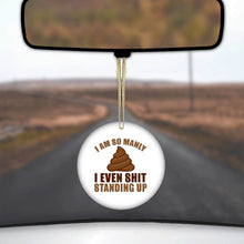 DistinctInk® Hanging Ceramic Christmas Tree Ornament with Gold String - Great Gift / Present - 2 3/4 inch Diameter - I'm So Manly I Poop Standing Up