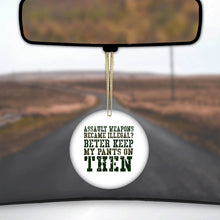 DistinctInk® Hanging Ceramic Christmas Tree Ornament with Gold String - Great Gift / Present - 2 3/4 inch Diameter - Assault Weapons Illegal?  Keep My Pants On