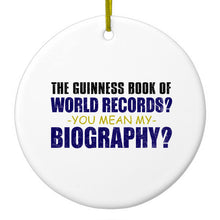DistinctInk® Hanging Ceramic Christmas Tree Ornament with Gold String - Great Gift / Present - 2 3/4 inch Diameter - Guinness Book Of Records - My Biography