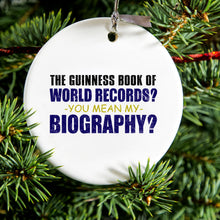 DistinctInk® Hanging Ceramic Christmas Tree Ornament with Gold String - Great Gift / Present - 2 3/4 inch Diameter - Guinness Book Of Records - My Biography