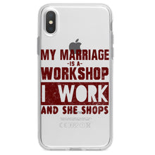 DistinctInk® Clear Shockproof Hybrid Case for Apple iPhone / Samsung Galaxy / Google Pixel - Marriage is Workshop - I Work She Shops