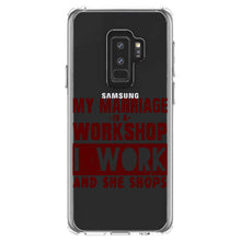 DistinctInk® Clear Shockproof Hybrid Case for Apple iPhone / Samsung Galaxy / Google Pixel - Marriage is Workshop - I Work She Shops