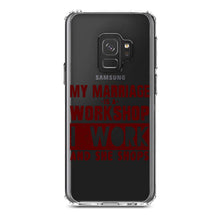 DistinctInk® Clear Shockproof Hybrid Case for Apple iPhone / Samsung Galaxy / Google Pixel - Marriage is Workshop - I Work She Shops