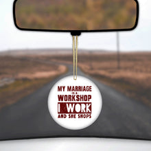 DistinctInk® Hanging Ceramic Christmas Tree Ornament with Gold String - Great Gift / Present - 2 3/4 inch Diameter - Marriage is Workshop - I Work She Shops