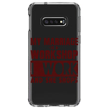 DistinctInk® Clear Shockproof Hybrid Case for Apple iPhone / Samsung Galaxy / Google Pixel - Marriage is Workshop - I Work She Shops