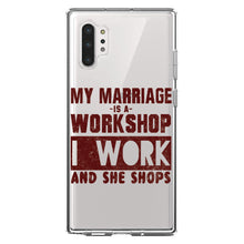DistinctInk® Clear Shockproof Hybrid Case for Apple iPhone / Samsung Galaxy / Google Pixel - Marriage is Workshop - I Work She Shops
