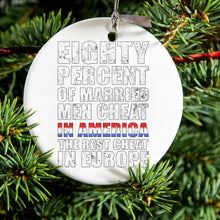DistinctInk® Hanging Ceramic Christmas Tree Ornament with Gold String - Great Gift / Present - 2 3/4 inch Diameter - Married Men Cheat in America