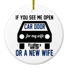 DistinctInk® Hanging Ceramic Christmas Tree Ornament with Gold String - Great Gift / Present - 2 3/4 inch Diameter - If Open Car Door, New Car or New Wife