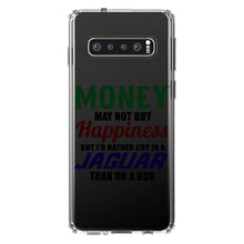 DistinctInk® Clear Shockproof Hybrid Case for Apple iPhone / Samsung Galaxy / Google Pixel - Money Can't Buy Happiness, Rather Cry in Jaguar
